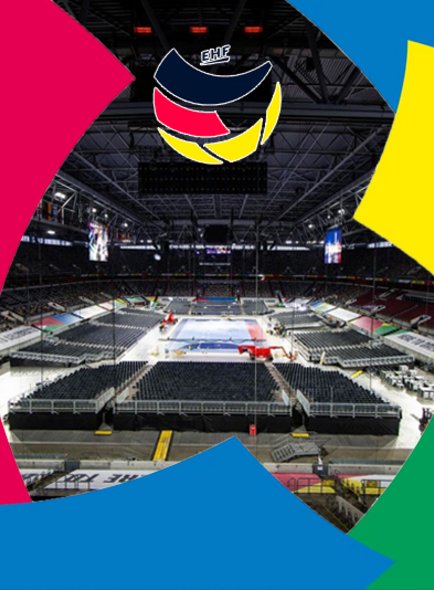 The graphic displays an interior view of a large multipurpose arena being prepared for a handball event. At the center, a handball court is visible, surrounded by numerous tiers of seats that are still empty. Large screens and lighting equipment are suspended above the playing field. In the background, the logo elements of EHF EURO 2024 are discernible, indicating the upcoming handball event. The composition is framed by abstract shapes in magenta, yellow, and green against a black background, conveying a dynamic and athletic feel.